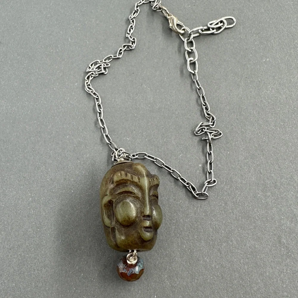 Stone Buddha Pendant Necklace with adjustable silver chain - Picture 2 of 4